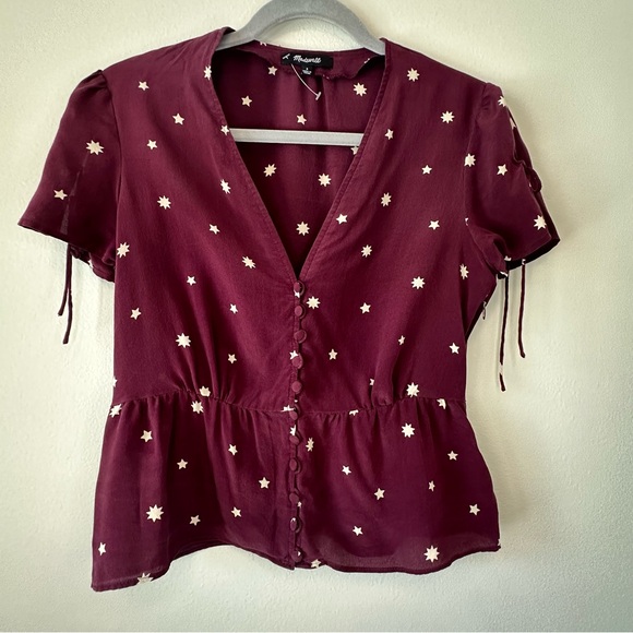 Madewell Silk Belle Star Mix Burgundy Button Top - Picture 4 of 9